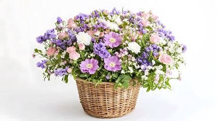62. Freshly arranged flowers in a basket on a white background, ideal for an elegant gift for special occasions