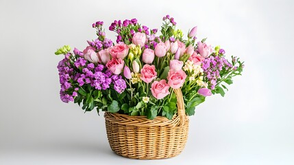 Obraz premium 62. Freshly arranged flowers in a basket on a white background, ideal for an elegant gift for special occasions