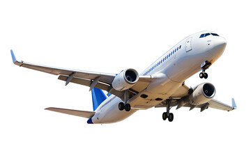 Obraz premium Airplane soaring high in a clear blue sky, isolated PNG with transparent background