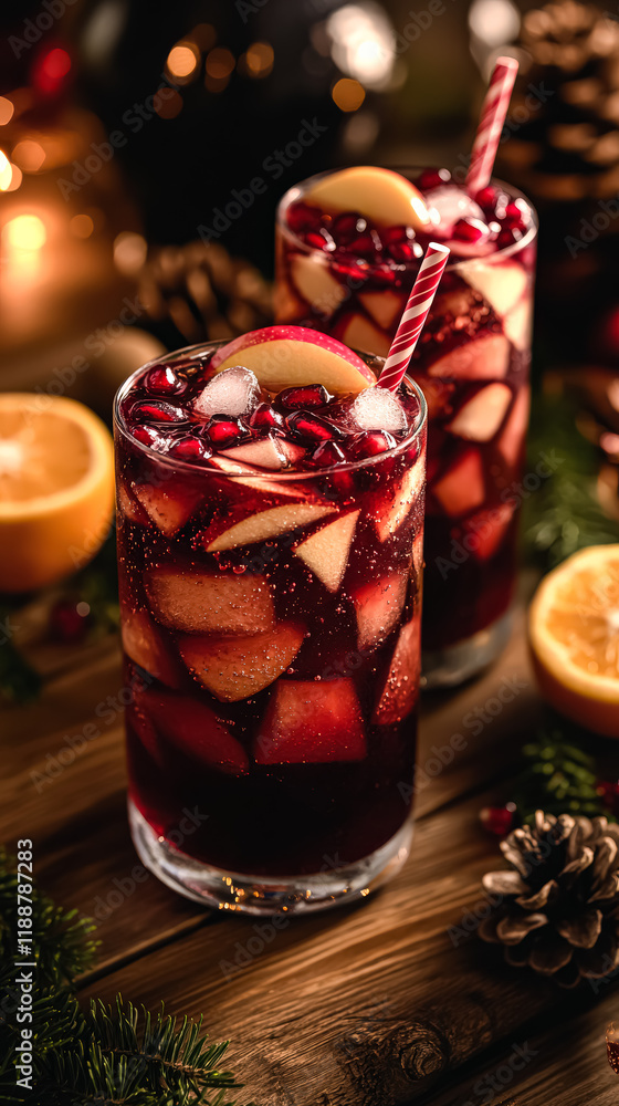Poster two glasses of red drink with apples and oranges on a table. the drink is garnished with a straw and