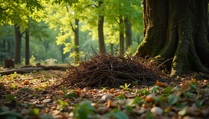 Natural pile of twigs and leaves on the forest floor beneath a large tree in a sunlit woodland