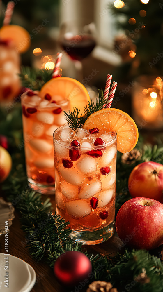 Poster two glasses of a pink drink with a slice of orange on top. the drink is served on a table with apple