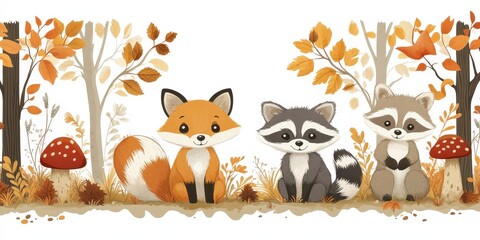 Cute cartoon autumn forest background with foxes, raccoons, and mushrooms on a white background. Vector illustration with empty space for text or design. Hand-drawn cartoon-style vector illustration o