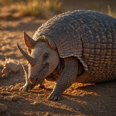 A detailed close-up of an armadillo in a desert landscape.an armadillo curling up in a ball looking armored.

