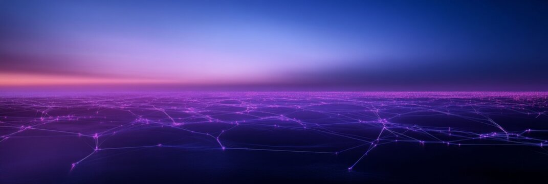 Futuristic digital network: glowing lines and purple technology horizon