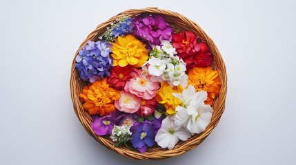 Naklejka premium 65. Basket of brightly colored flowers set on a clean white background, perfect for an auspicious occasion gift