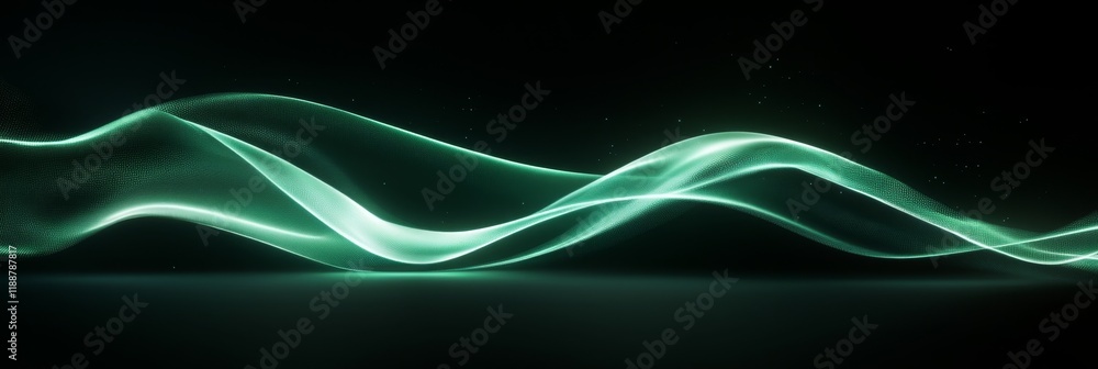 Poster glowing green light wave on dark background with particle effects