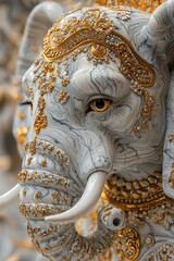 Obraz premium Elegant hand-painted marble elephant sculpture in a serene setting, adorned with gold accents and detailed craftsmanship, enhancing the beauty of any decor