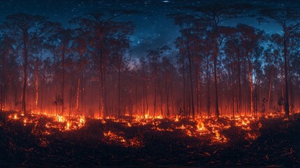 Night forest fire burning under starry sky. (1)