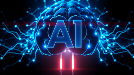 AI entity, intricate neural connection lines glow in shades of vibrant blue, dotted with luminescent points of light.