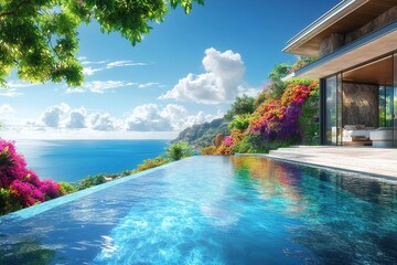 Obraz premium Luxury Cliffside Villa with Infinity Pool: Ocean View, Tropical Plants, and Modern Architecture