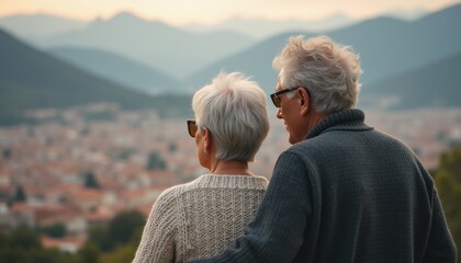 An elderly couple stands together, gazing at a breathtaking landscape of mountains and a quaint town below. Their warm connection is highlighted by their cozy attire and the serene atmosphere, evoking