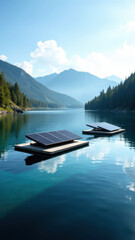 Obraz premium Solar panels on floating platform with mountainous backdrop, symbolizing sustainable green energy.