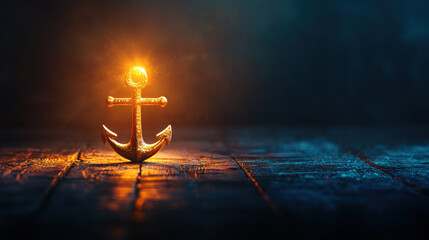 Good luck, A glowing golden anchor on a grunge texture, showcasing high fidelity in a soft lighting effect, ideal for artistic and nautical-themed designs.