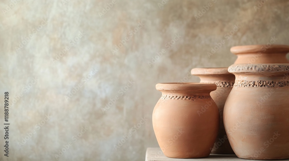 Poster rustic handmade clay pots in soft-lit earthy background with timeless copy space