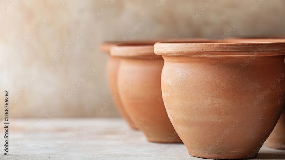 Poster rustic clay pots in a soft-lit earthy background with ample copy space