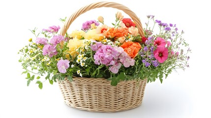 71. A refreshing flower basket on a white background, filled with seasonal blooms for auspicious gifts