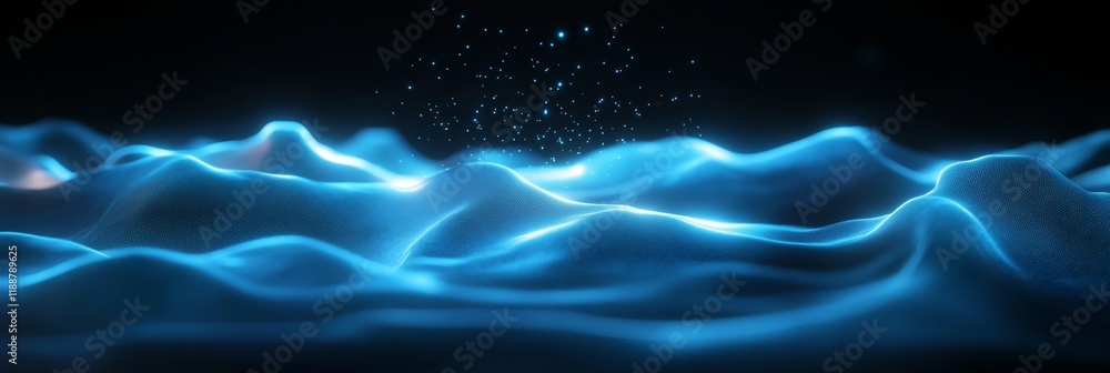 Poster abstract blue neon waveforms with sparkling particles in a dark background