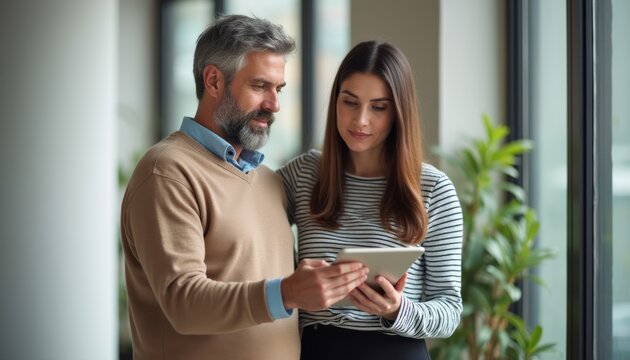 A middle-aged man and a young woman stand closely together, engaged in a shared experience with a tablet. Their expressions reflect curiosity and connection, set against a backdrop of modern greenery