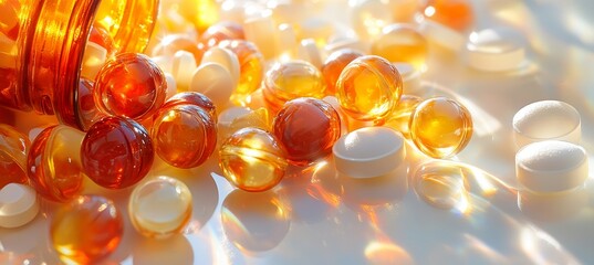 Spilled Pills Amber Medicine Bottle and Assorted Gel Capsules Scattered on a Reflective Surface