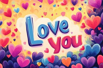 Valentine's Day greeting card with the words "Love you" written in bold typography, with a rainbow of hearts bursting from behind 