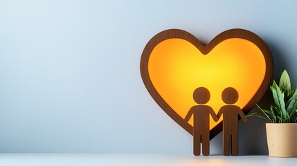 A wooden couple stands together in front of a glowing heart, symbolizing love and connection, with a small plant nearby.