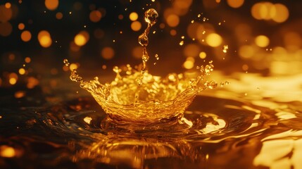 Golden liquid splash with bokeh background.