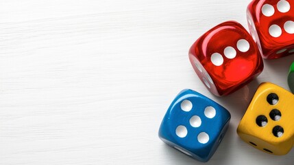 Colorful dice arranged on a white surface, showcasing various numbers, ideal for games and probability activities.