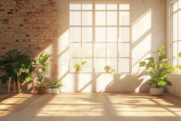 Sunlight Streams Through Large Window into Room with Brick Wall and Plants