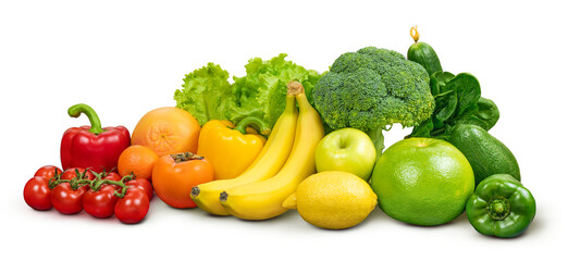 Fresh assortment of colorful vegetables and fruits arranged artfully isolated on a bright...