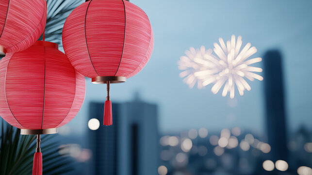 Urban Festive Glow: Red lanterns hang delicately against a twilight cityscape, vibrant fireworks exploding in the background, creating a captivating blend of tradition and modernity.  - Powered by Adobe