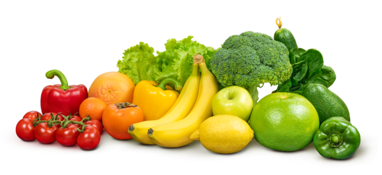 Fresh assortment of colorful vegetables and fruits arranged artfully isolated on a bright background for healthy living inspiration. Red, yellow, green color food