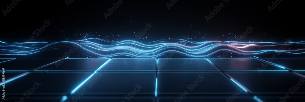 Poster futuristic neon wave pattern on grid background