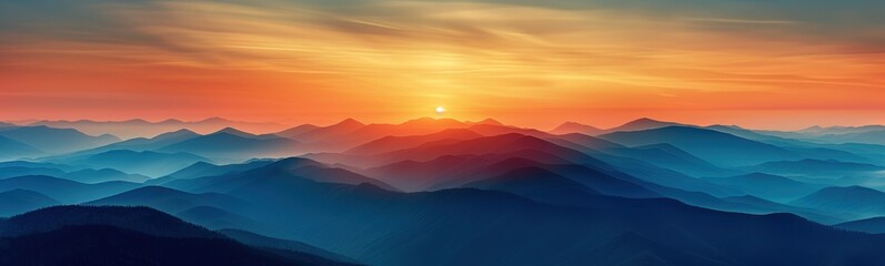Fototapeta premium Mountains with a sunset in the background, banner, copy space