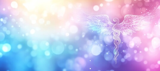 White Caduceus Symbol With Opened Wings On A Colorful Bokeh Background Giving A Feeling Of Wellness