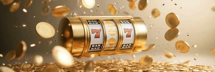 Golden slot machine wins with flying coins and jackpot symbols