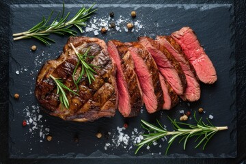 Juicy medium-rare steak, sliced beef on black slate, rosemary sprigs, coarse sea salt, peppercorns, dramatic lighting, high-resolution food photography, gourmet cuisine, rich red meat texture, aromati