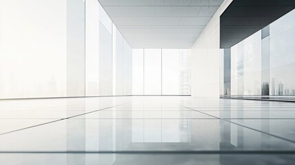 Modern minimalist interior design. Bright, airy space with floor-to-ceiling windows offering a city view. Perfect for corporate or residential settings.