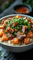 Fototapeta premium Bowl of food with meat and rice, and a side of vegetables. The bowl is white and the food is brown