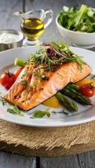 Grilled salmon fillet, vibrant asparagus spears, cherry tomatoes, arugula garnish, white ceramic plate, wooden table, olive oil drizzle, rustic setting, food photography, gourmet meal, healthy cuisine