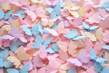 Colorful pastel butterflies spread in soft pink, blue, and yellow hues