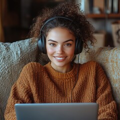 A young woman wearing headphones is sitting on the couch with her laptop, watching TV and working online at home while talking to someone over a video call using an office headset. She has curly hair 