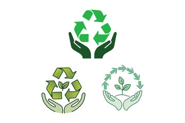 Obraz premium Hands Holding Plant Leaf Ecology Icon Emphasizing Nature Conservation, sustainability Icon, recycling arrows, ecology icon, green leaf, environmental care, support nature, love in nature