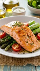 Grilled salmon fillet, vibrant asparagus spears, cherry tomatoes, arugula garnish, white ceramic plate, wooden table, olive oil drizzle, rustic setting, food photography, gourmet meal, healthy cuisine