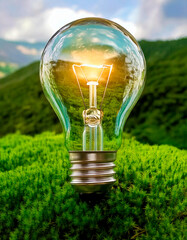 Light bulb one nature background, green energy concept. The energy-saving light bulb flickers and lights up among the greenery of the virgin northern forest, drawing energy from the nature. 