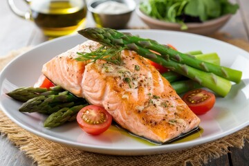 Grilled salmon fillet, vibrant green asparagus spears, cherry tomatoes, white ceramic plate, rustic wooden table, olive oil bottle, fresh herbs, healthy Mediterranean meal, food photography, soft natu