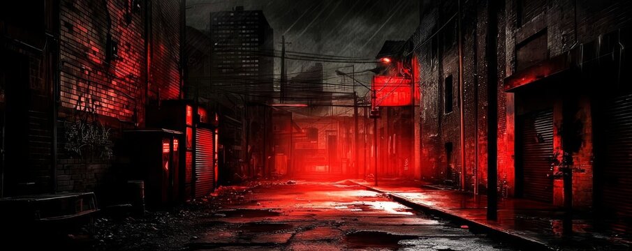 The mysterious atmosphere of a dark, abandoned street under the moonlight.