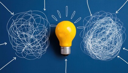 tangled thoughts in a mind cloud connected to a lightbulb, symbolizing creativity, innovation, and problem solving through a creative design