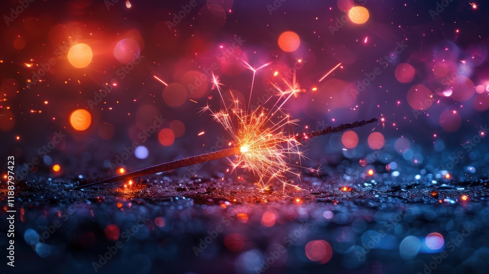 Poster burning sparkler on dark background with bokeh lights.