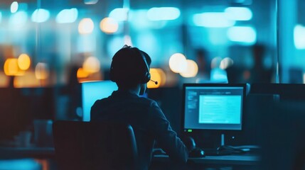 Night shift call center agent working at computer.